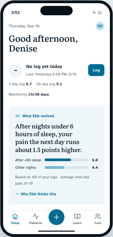 The Ebb phone app’s Today screen