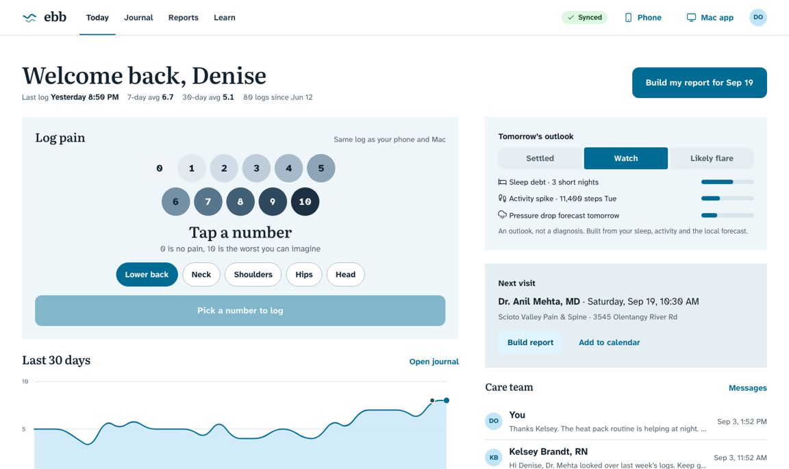 The Ebb web app dashboard with the 30-day pain line